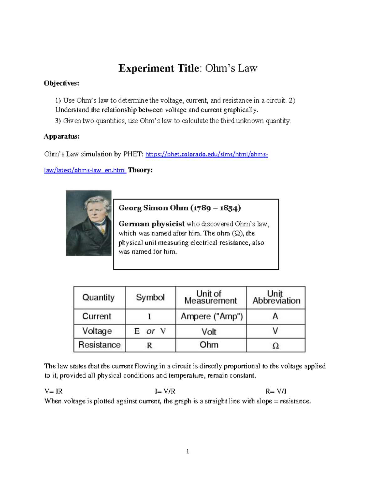 ohms law phet simulation answer key
