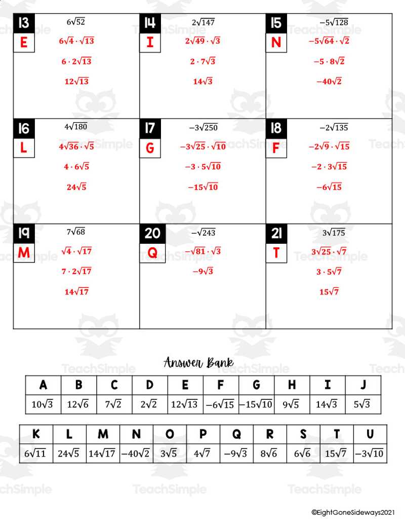 simplifying radical expressions worksheet answers key math aids