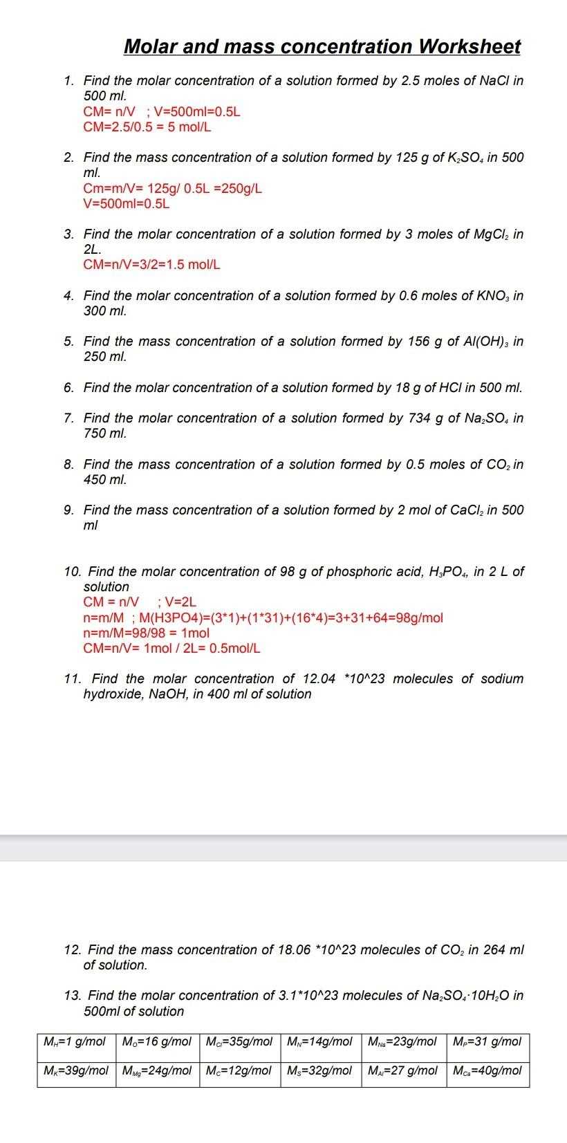 unit 9 worksheet 3 molar concentration answer key