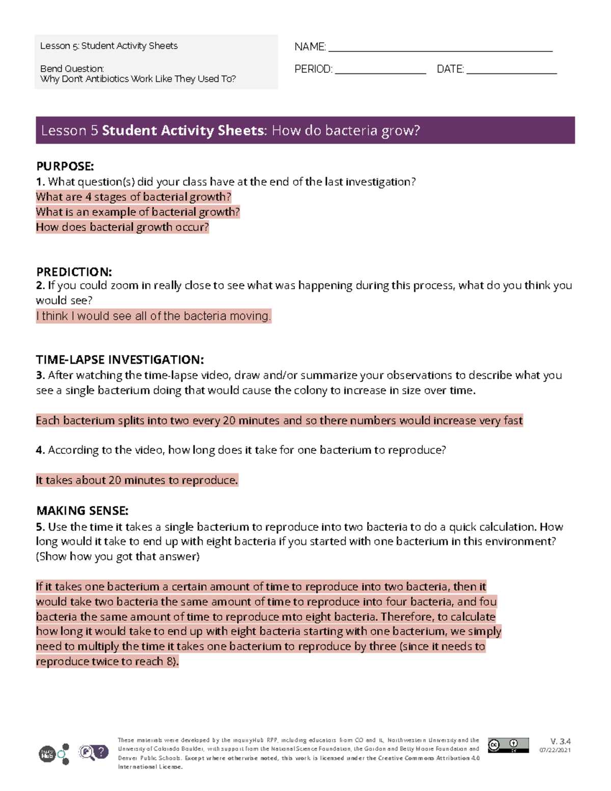 bacteria population study worksheet answer key