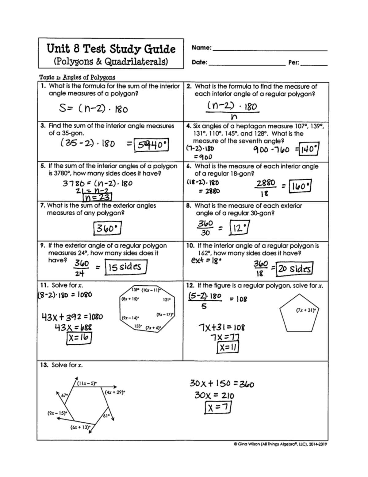 quadrilaterals task card review answer key