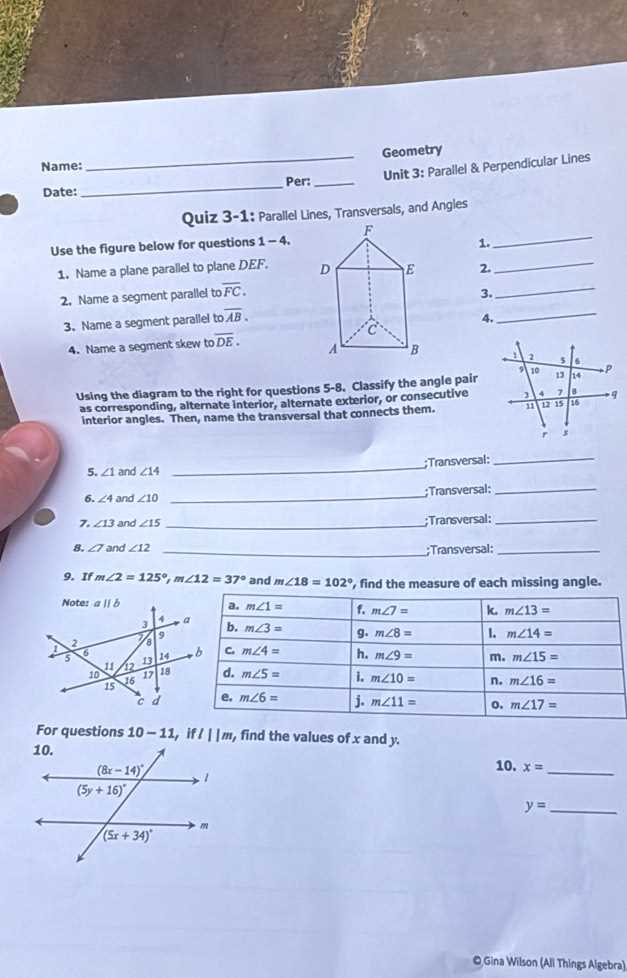 unit 3 parallel and perpendicular lines answer key