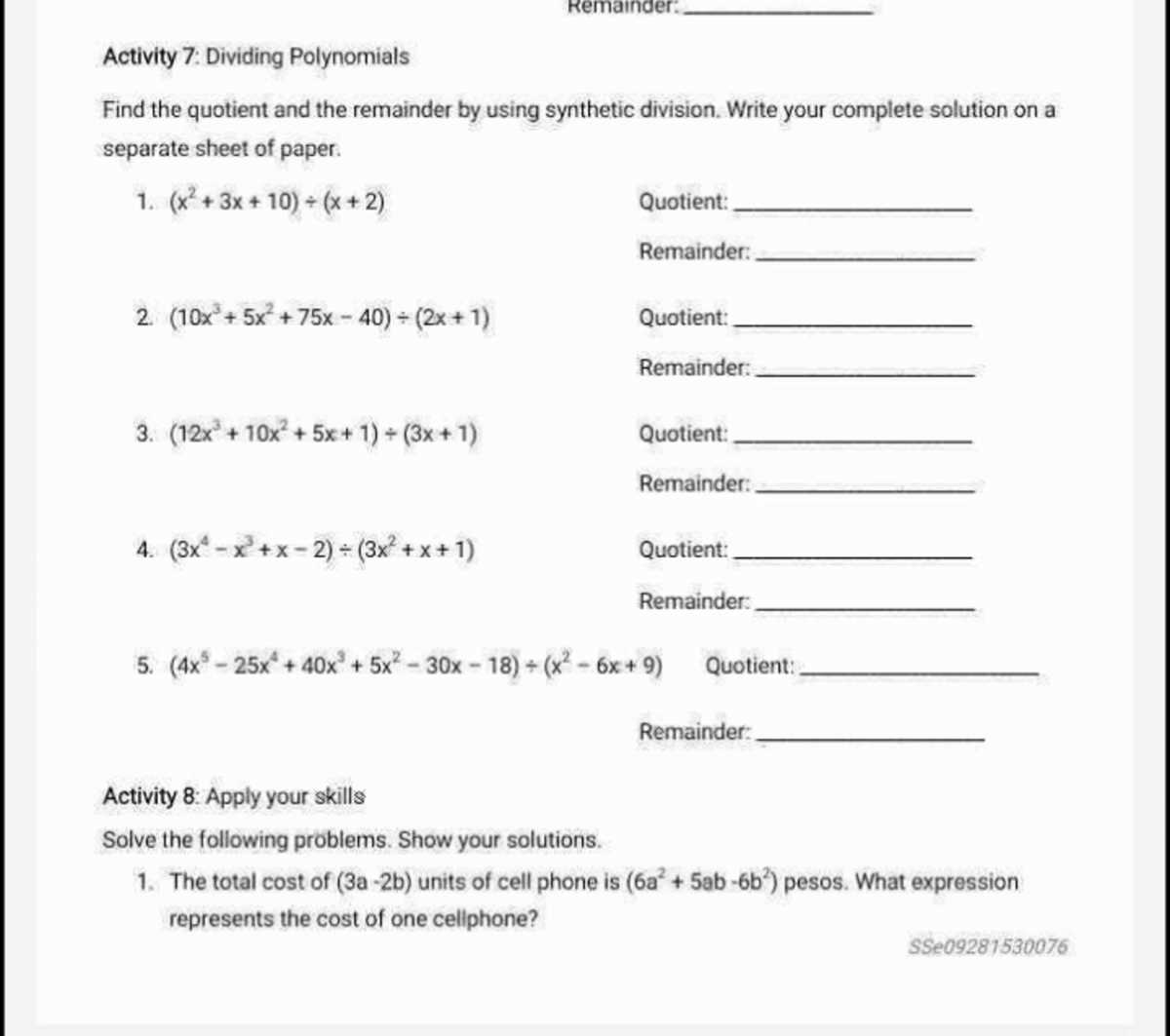 division of polynomials worksheet with answer key