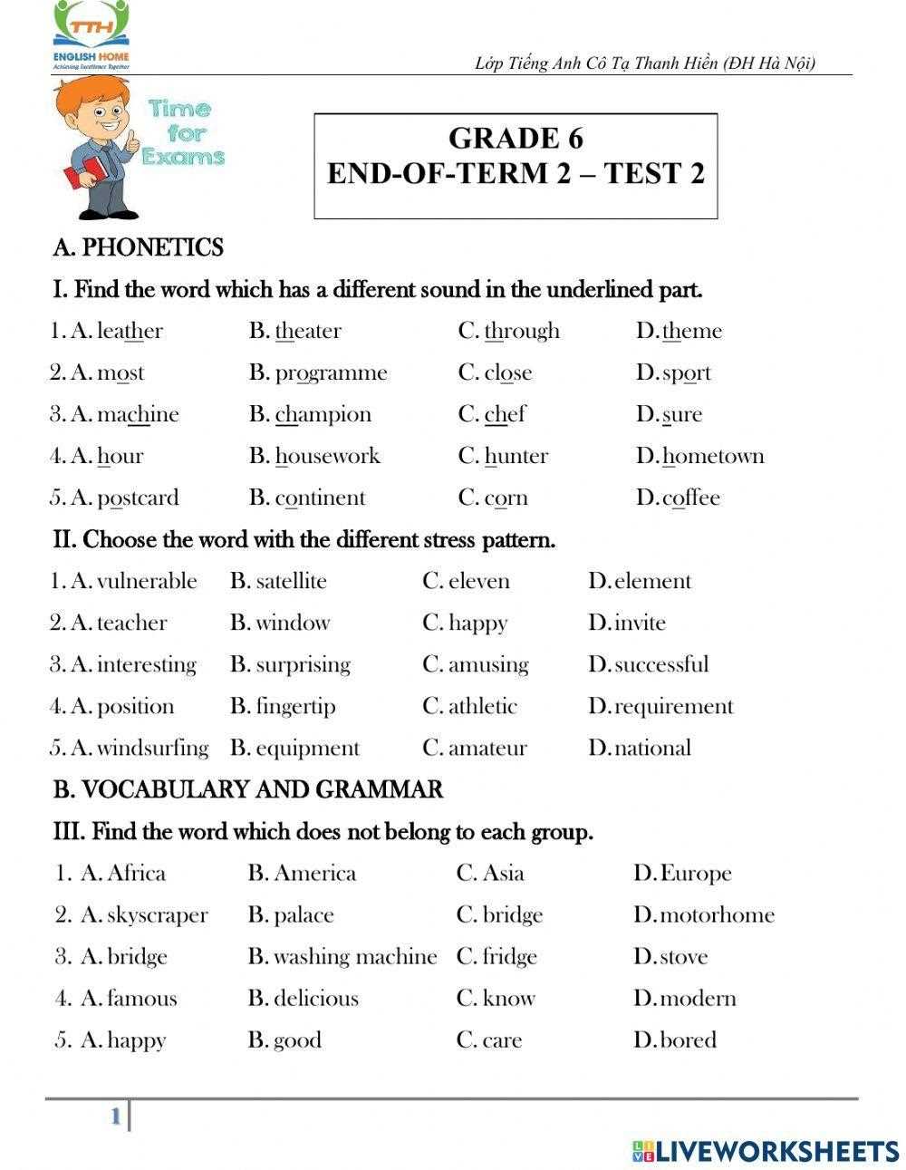 english test for grade 6 with answer key