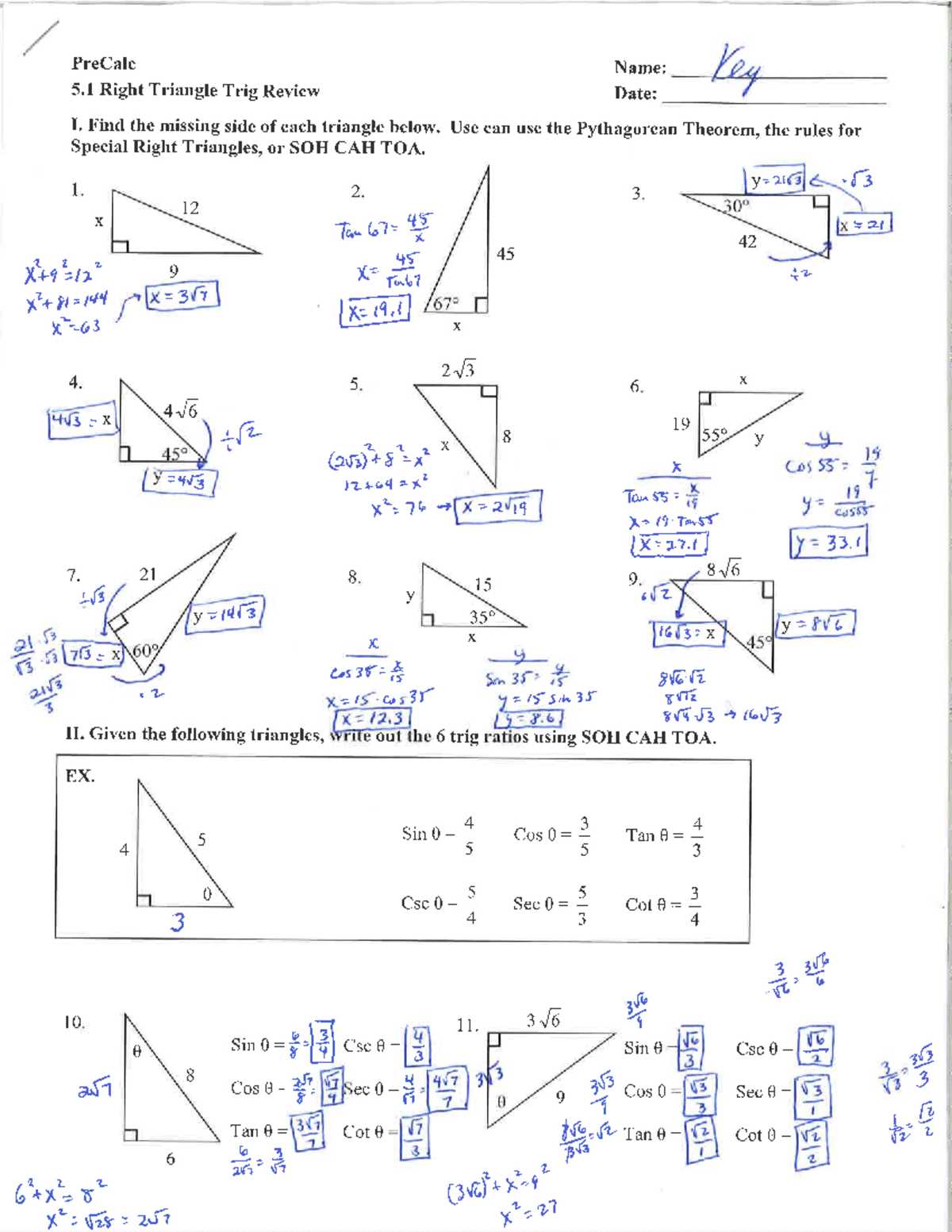 right triangle trigonometry test review answer key