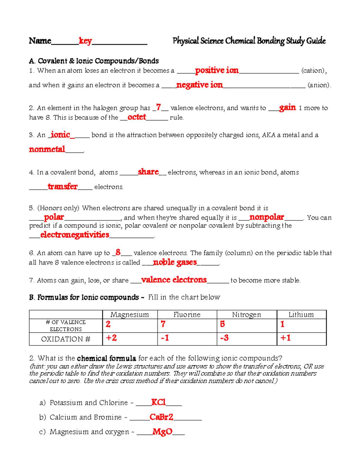 physical science ionic bonds answer key