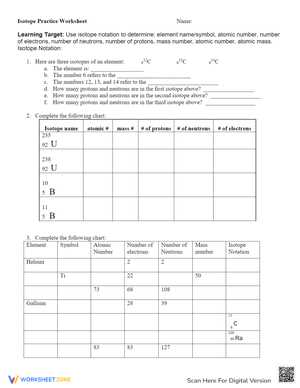 isotopes worksheet fill in the following table answer key