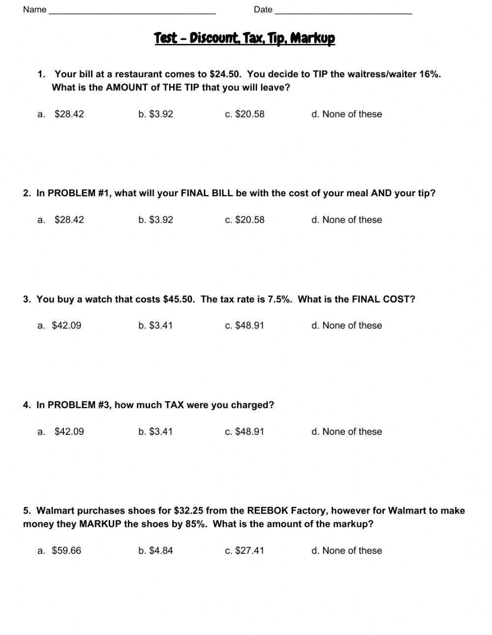 7th grade tax tip and discount word problems answer key