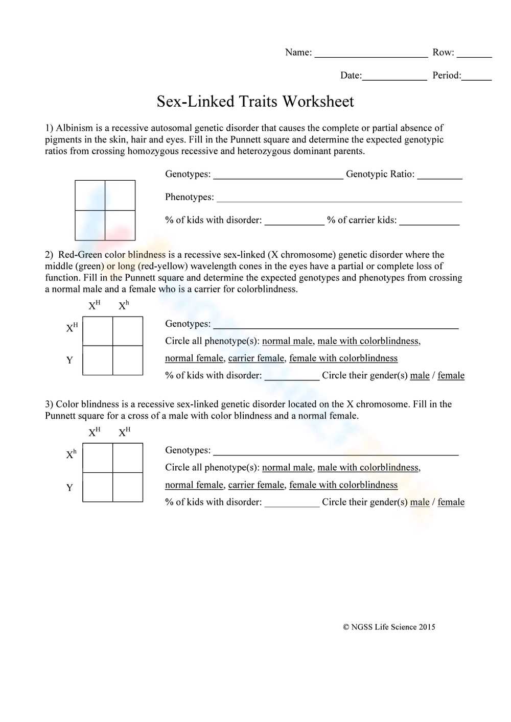 sex linked genetic punnett square problems answer key