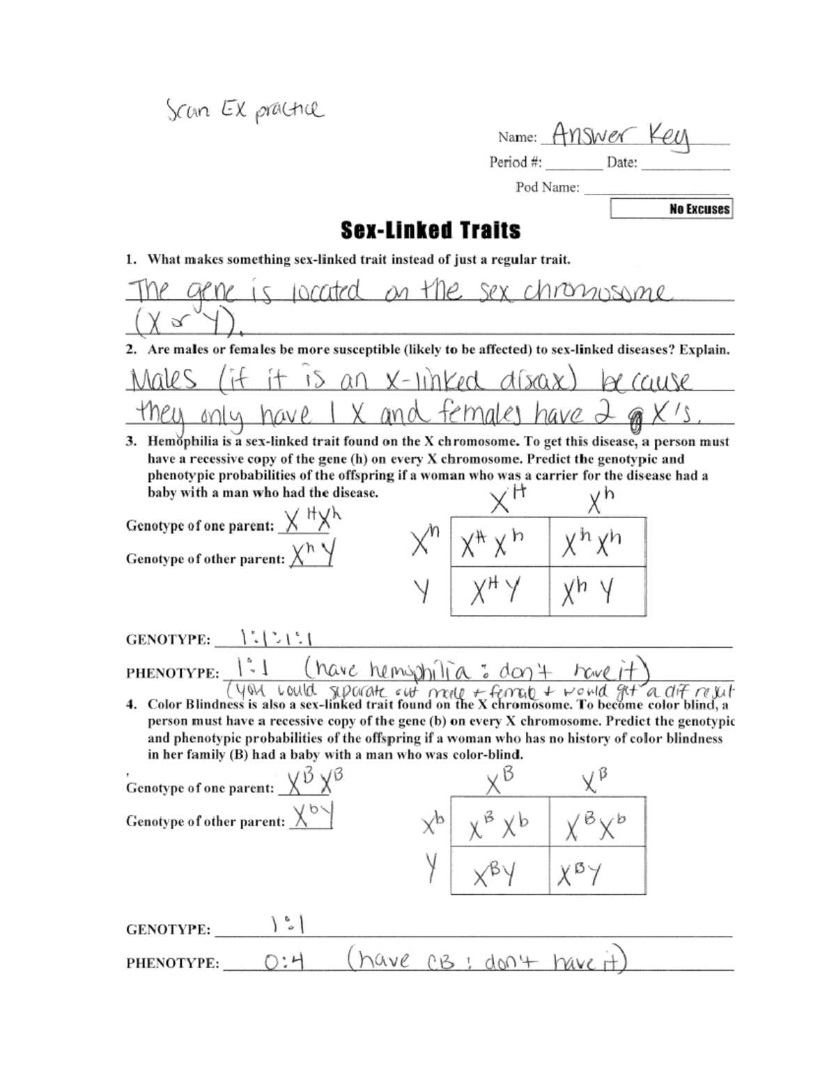 sex linked traits worksheet colorblind answer key