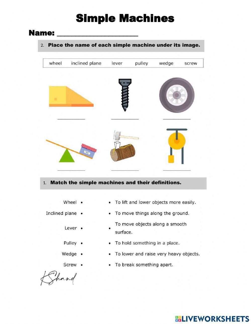 simple machines worksheet answer key
