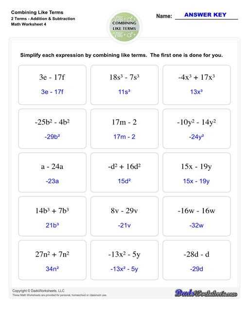 simplifying algebraic expressions math aids answer key