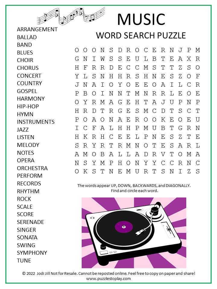 music word search answer key
