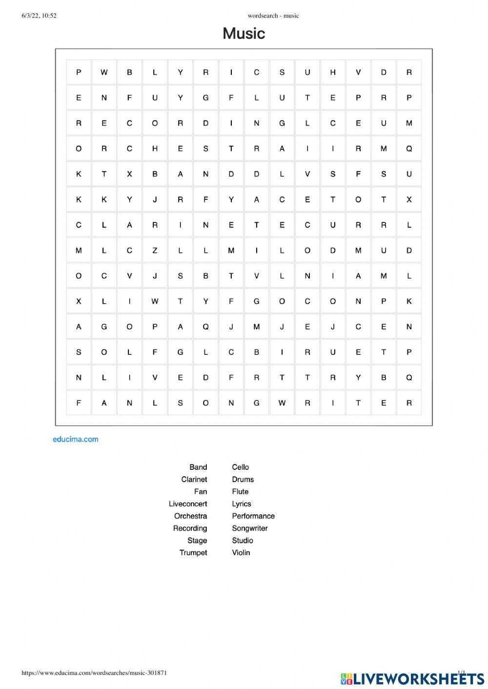 music word search answer key
