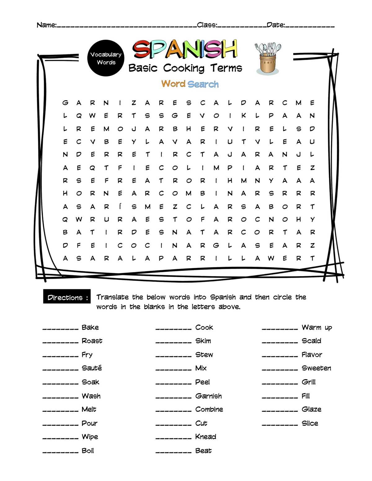 basic cooking terms answer key