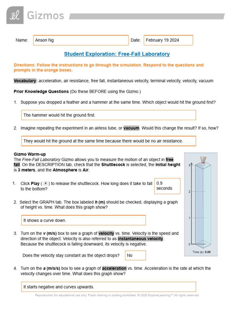 free fall tower gizmo answer key activity a