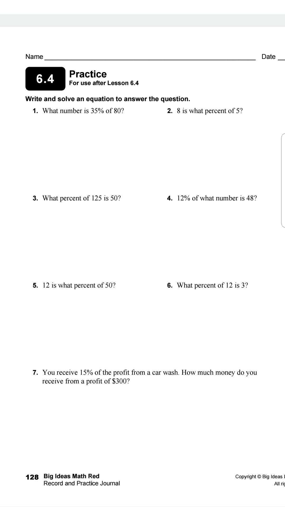big ideas math 6th grade answer key