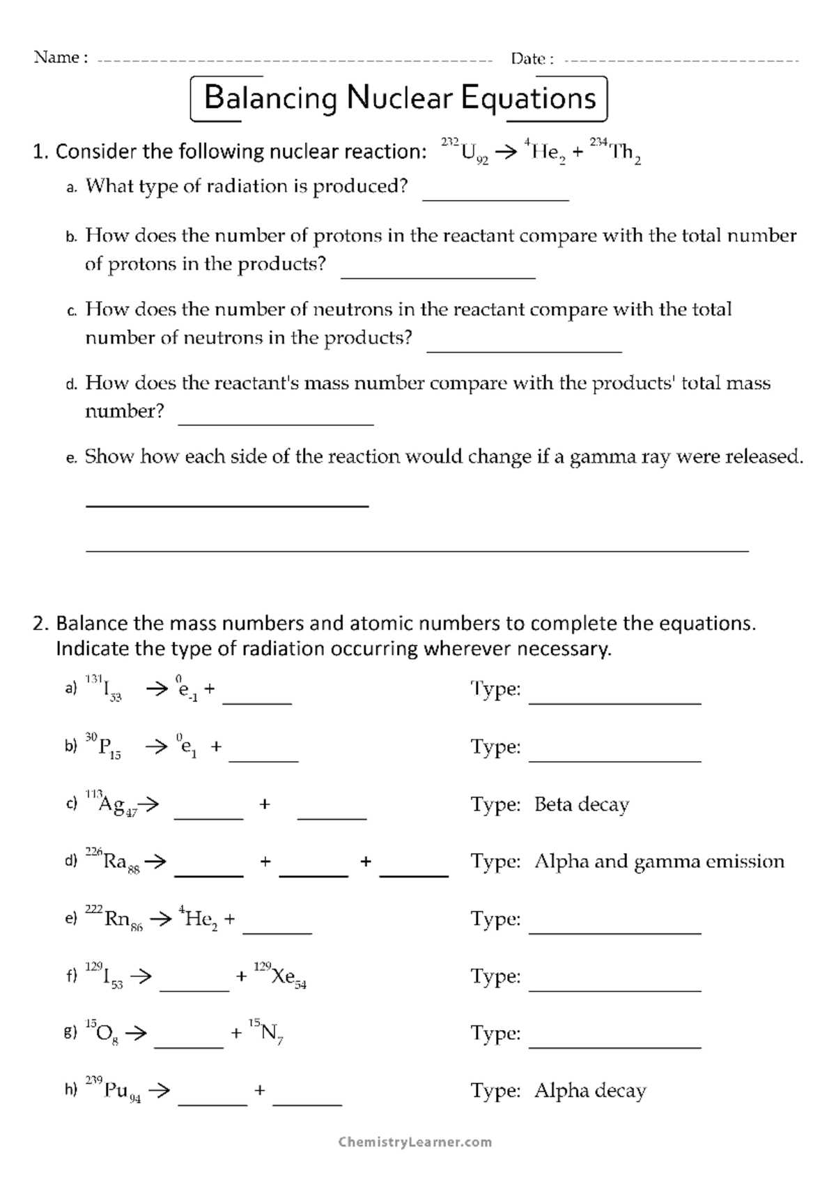 writing nuclear equations chem worksheet 4 4 answer key