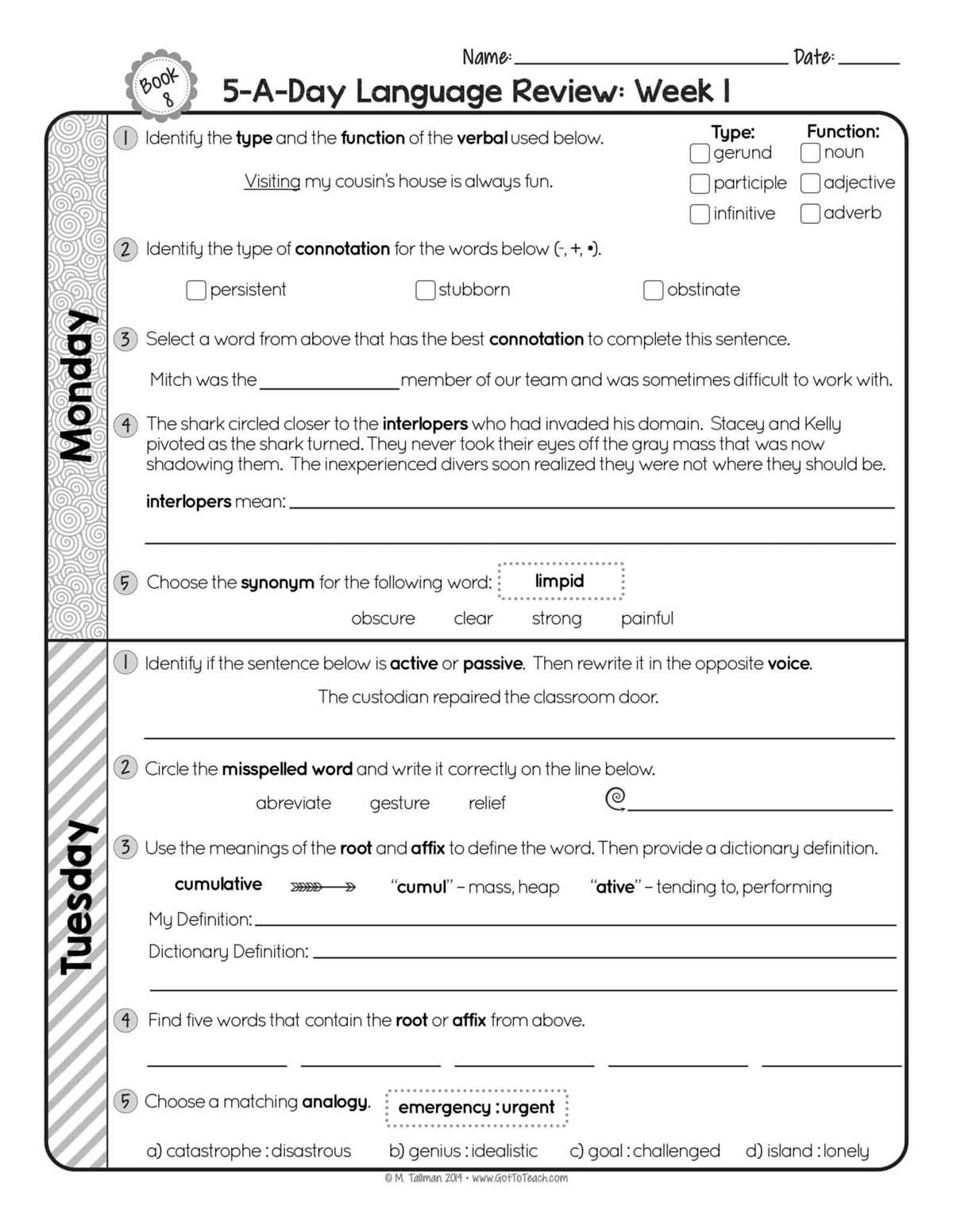 daily academic vocabulary grade 8 answer key
