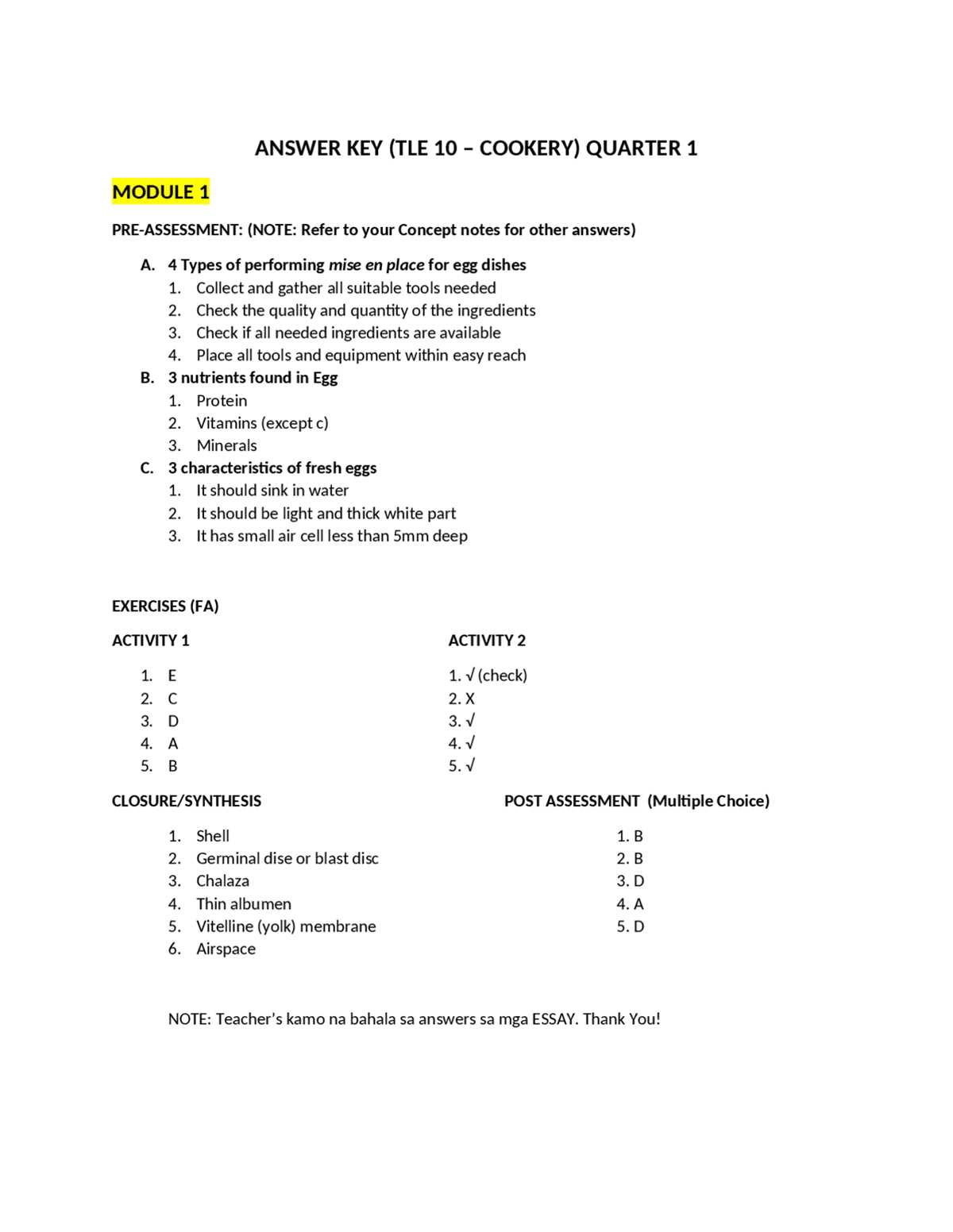the key to egg cookery worksheet answers