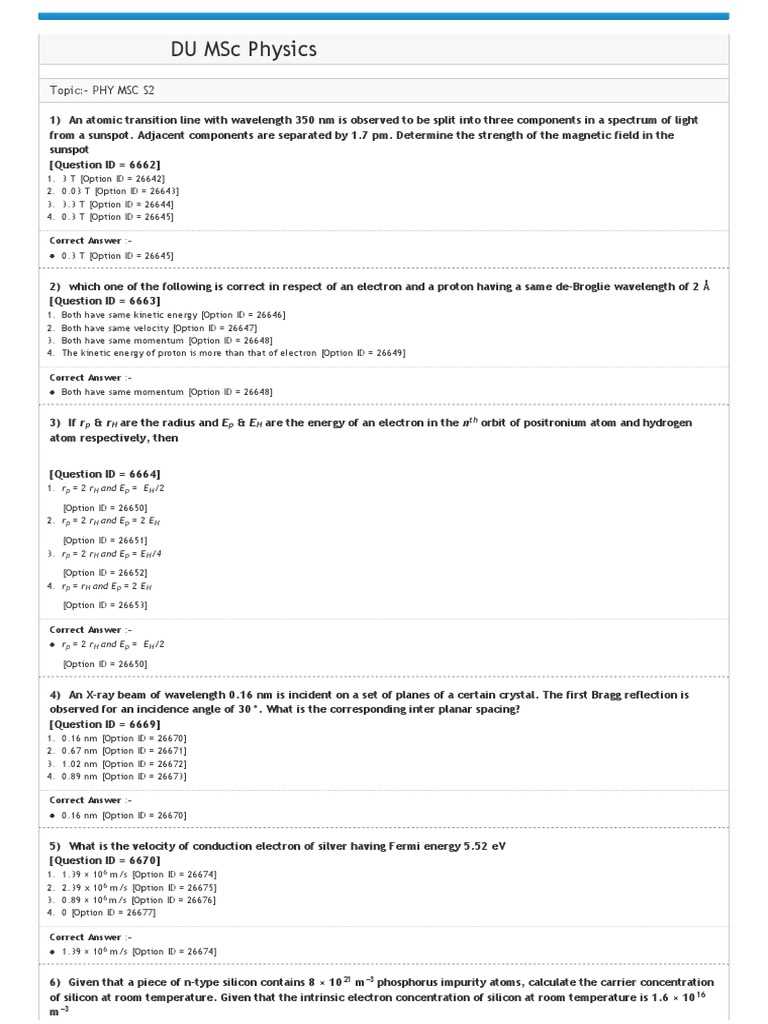 du msc physics entrance answer key 2026