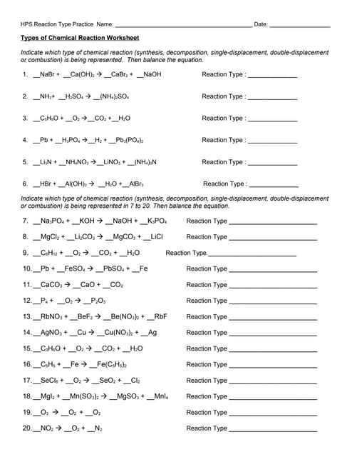 types of chemical equations identification answer key