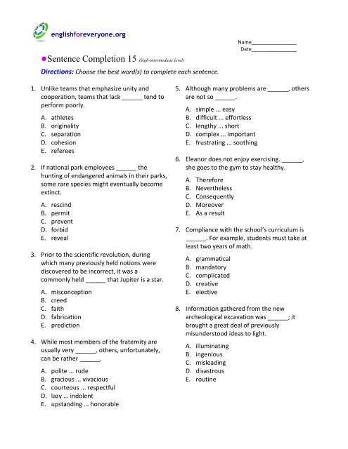 sentence completion lesson 3 answer key