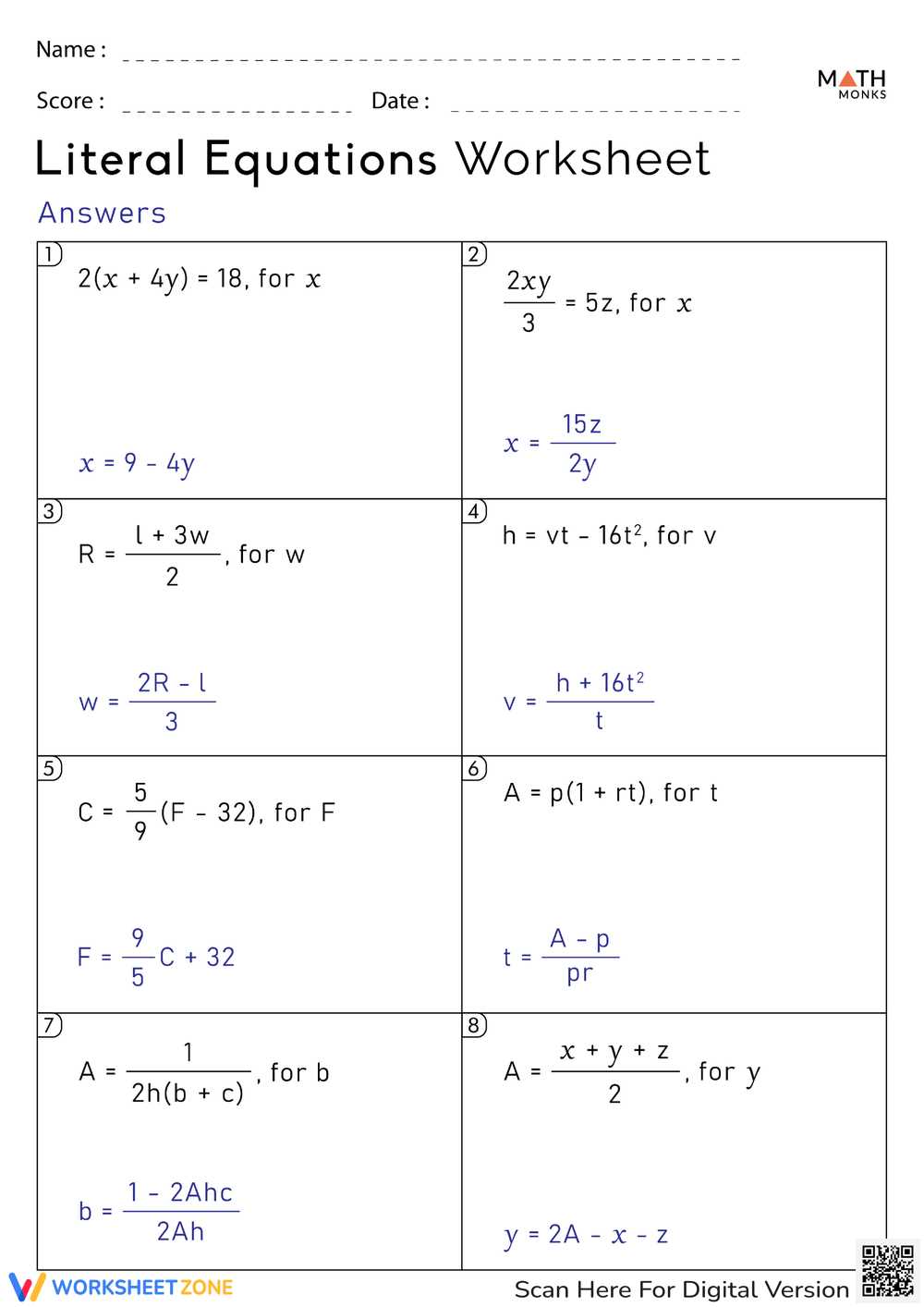 kuta software literal equations answer key
