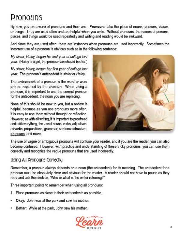 vague pronouns worksheet 6th grade answer key