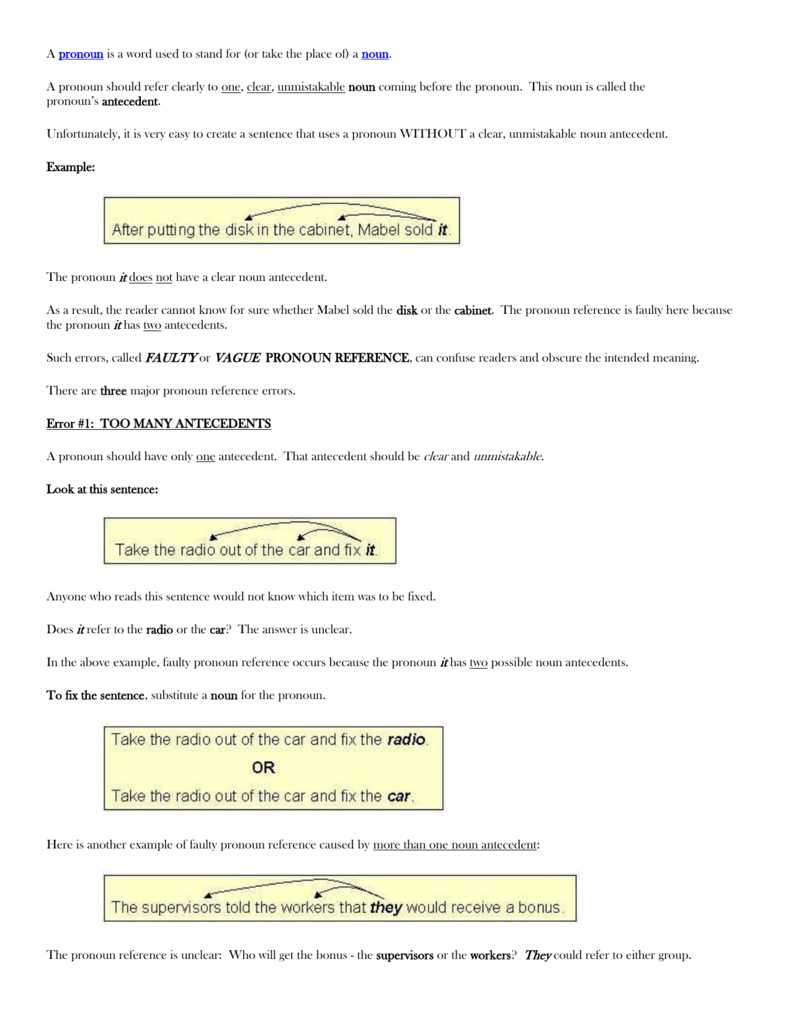 vague pronouns worksheet 6th grade answer key