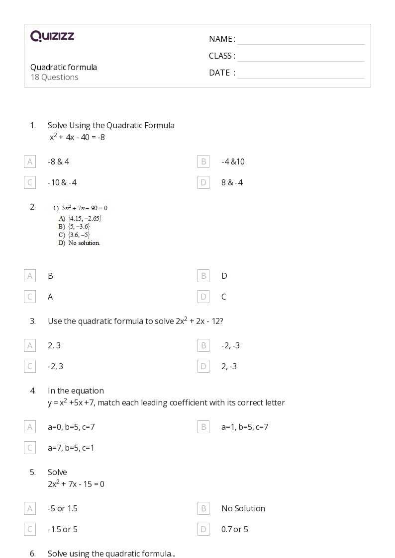 quadratic equation worksheet with answer key