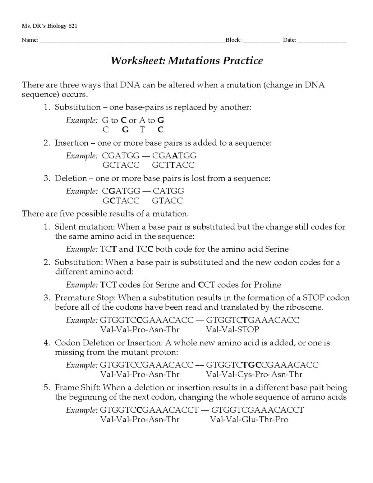 mutations worksheet answers key