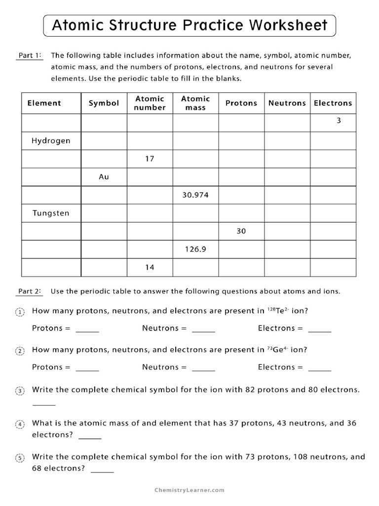 atomic structure practice 1 answer key