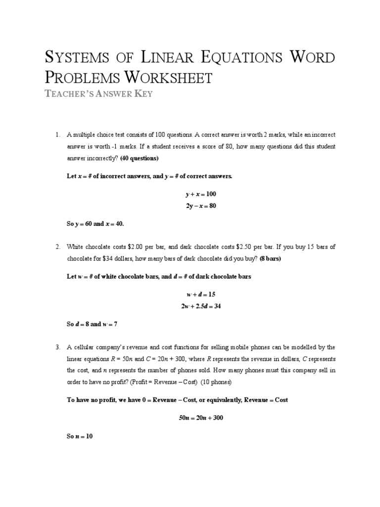 linear models word problems answers key