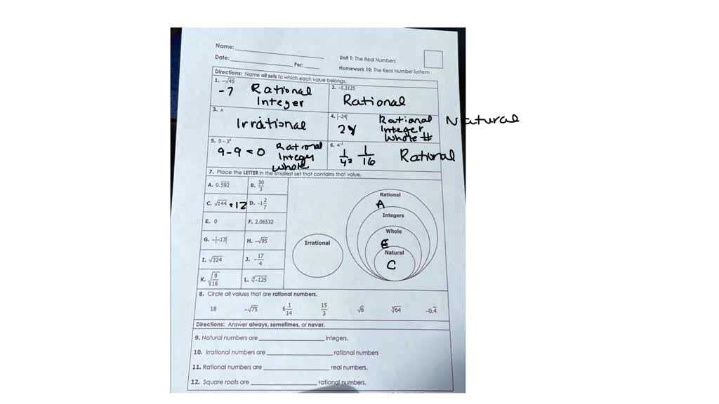 unit 1 algebra basics the real numbers answer key