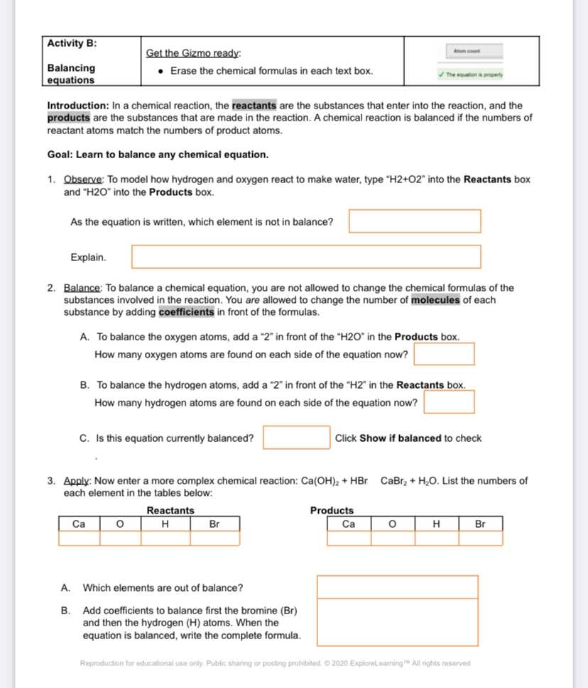 balancing chemical equations gizmo answer key activity b