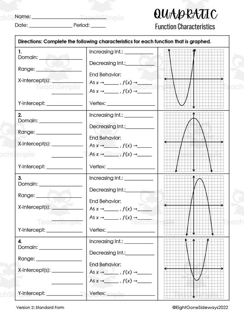 characteristics of quadratic functions algebra 1 8.2 answer key