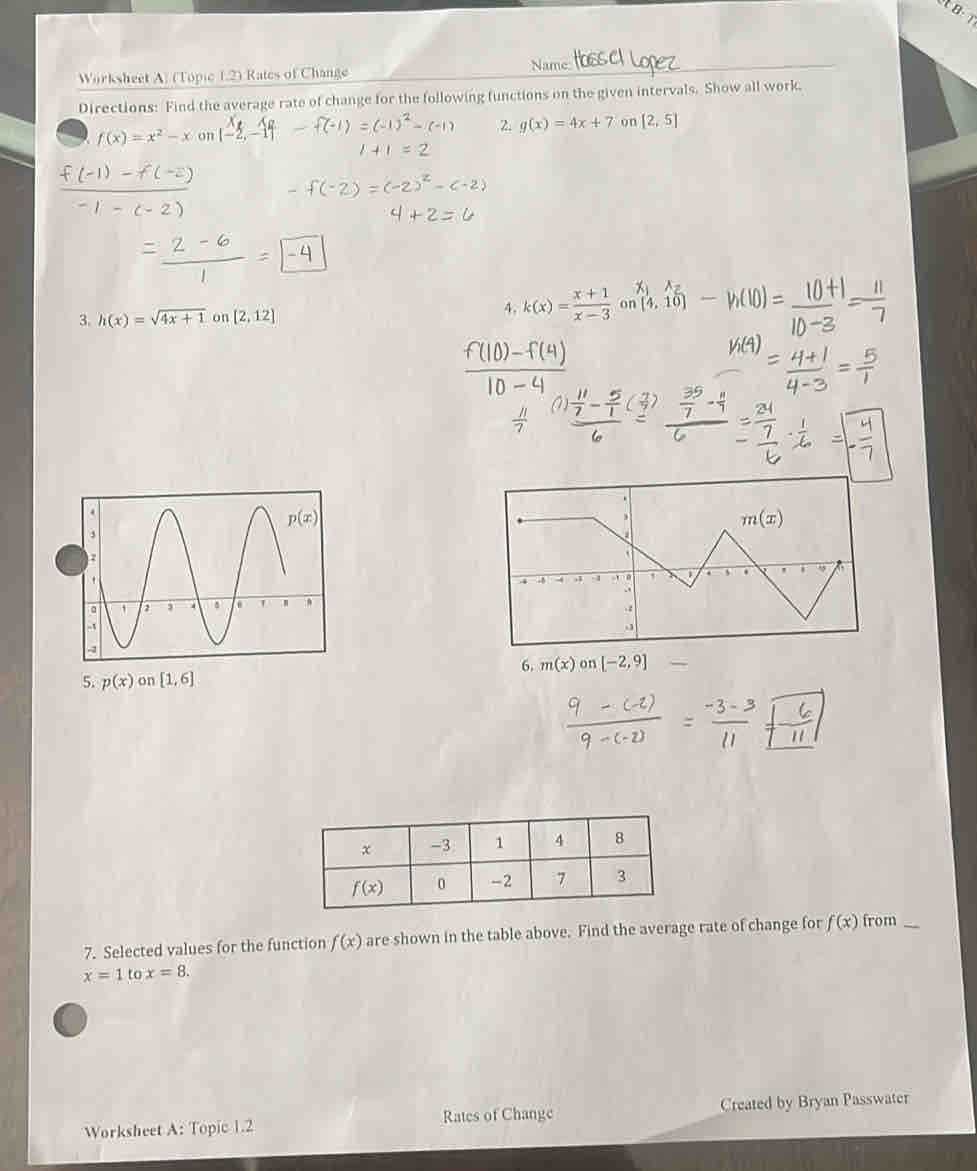 worksheet a topic 1.2 rates of change answer key