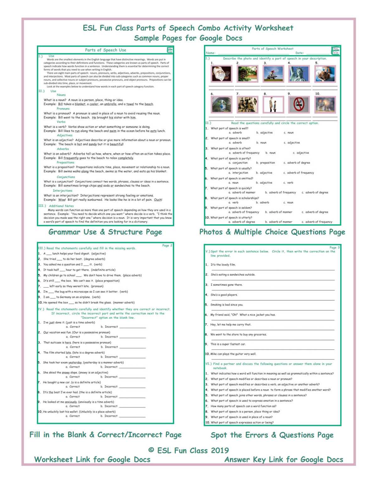 worksheets parts of speech test with answer key