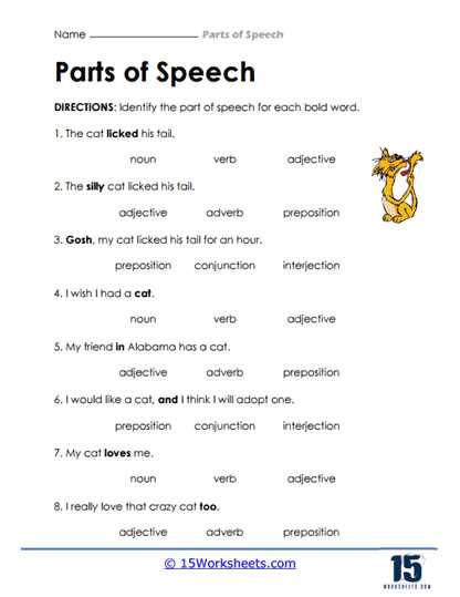 worksheets parts of speech test with answer key
