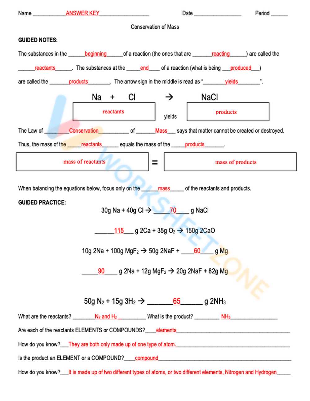 answer key law of conservation of mass worksheet answers