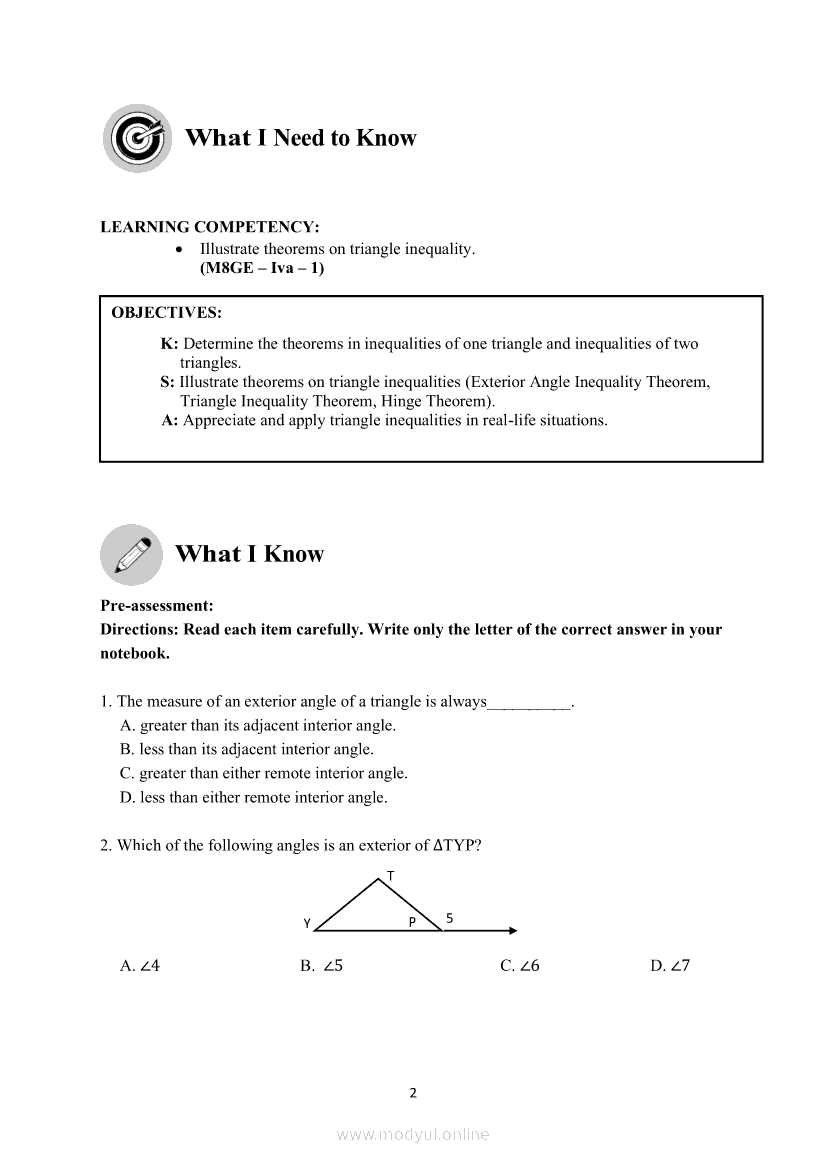 mathematics 8 triangle inequality answer key
