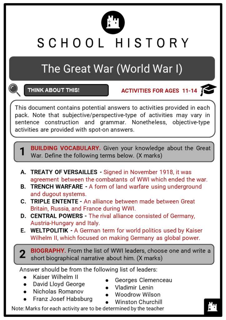 ww1 study guide answer key