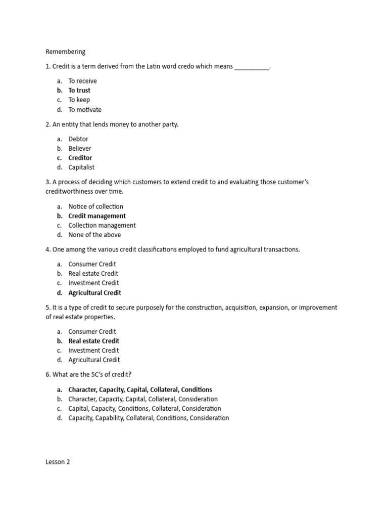 types of credit unit review answer key