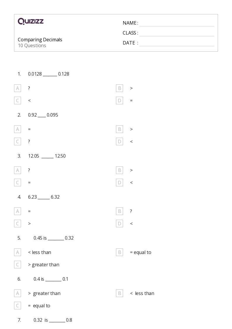 comparing decimals worksheet with answer key
