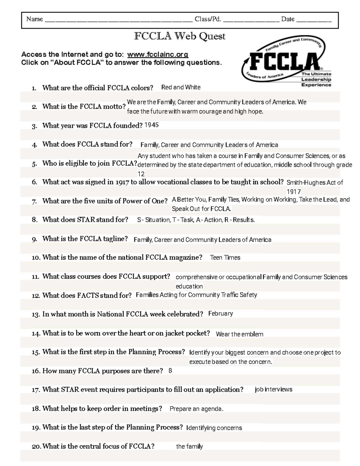 fccla review sheet answer key