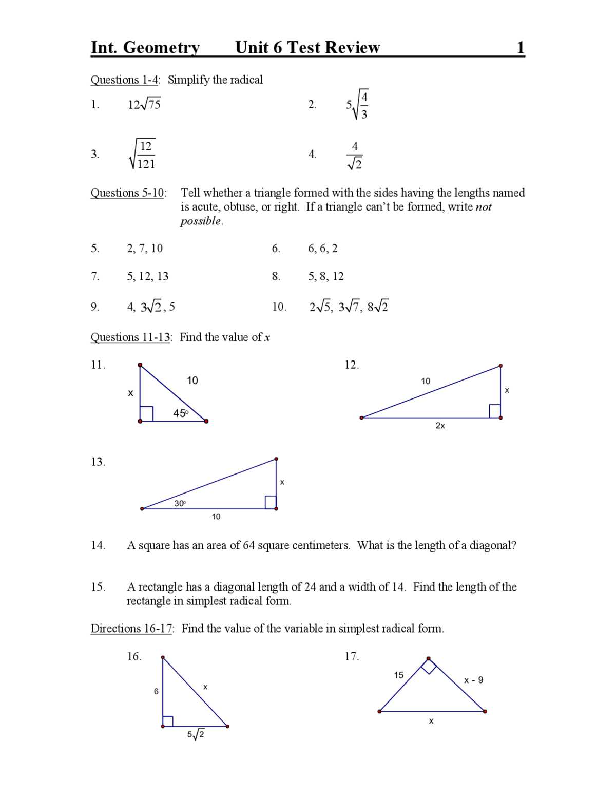 geometry unit 6 test answer key