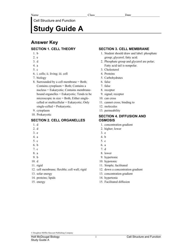 chapter 1 cell structure and function answer key