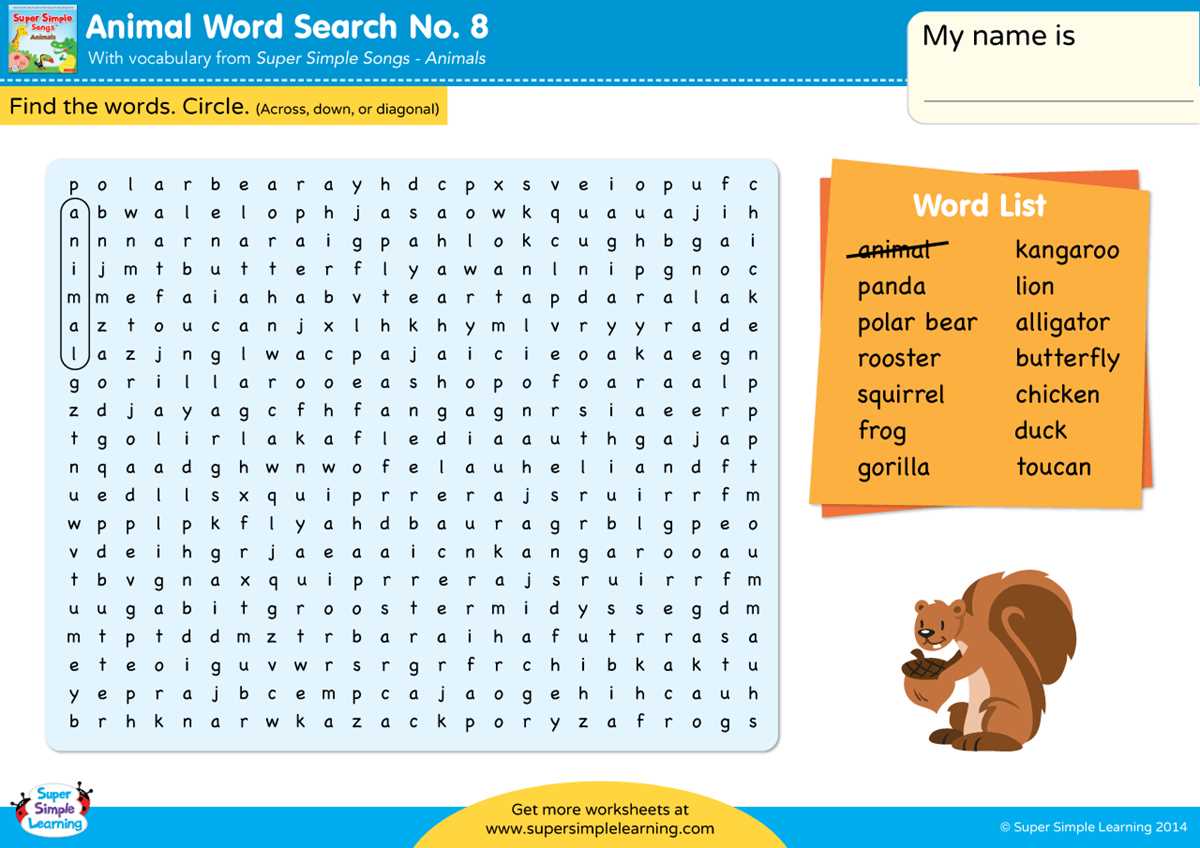 101 animals word search answer key