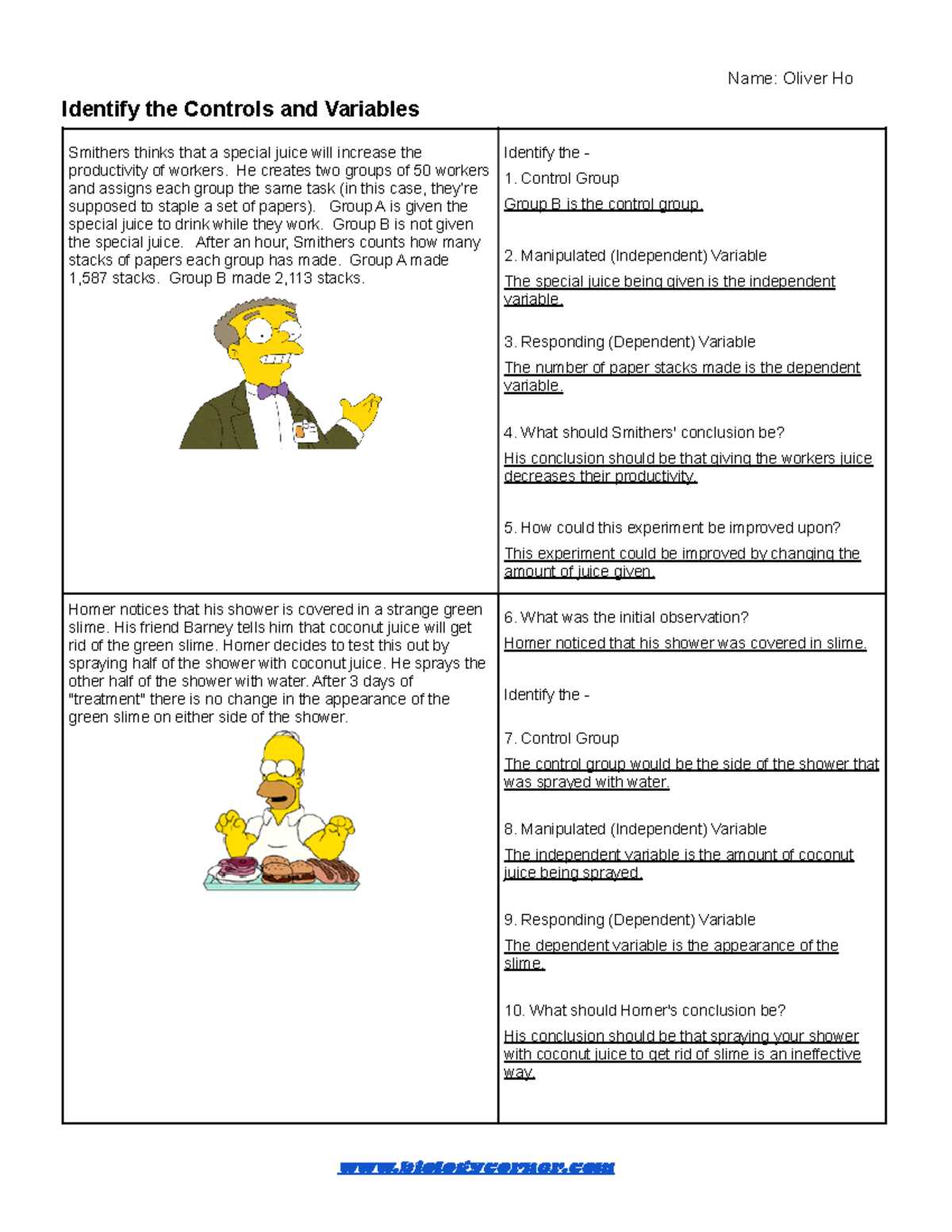 identify the control and variables answer key